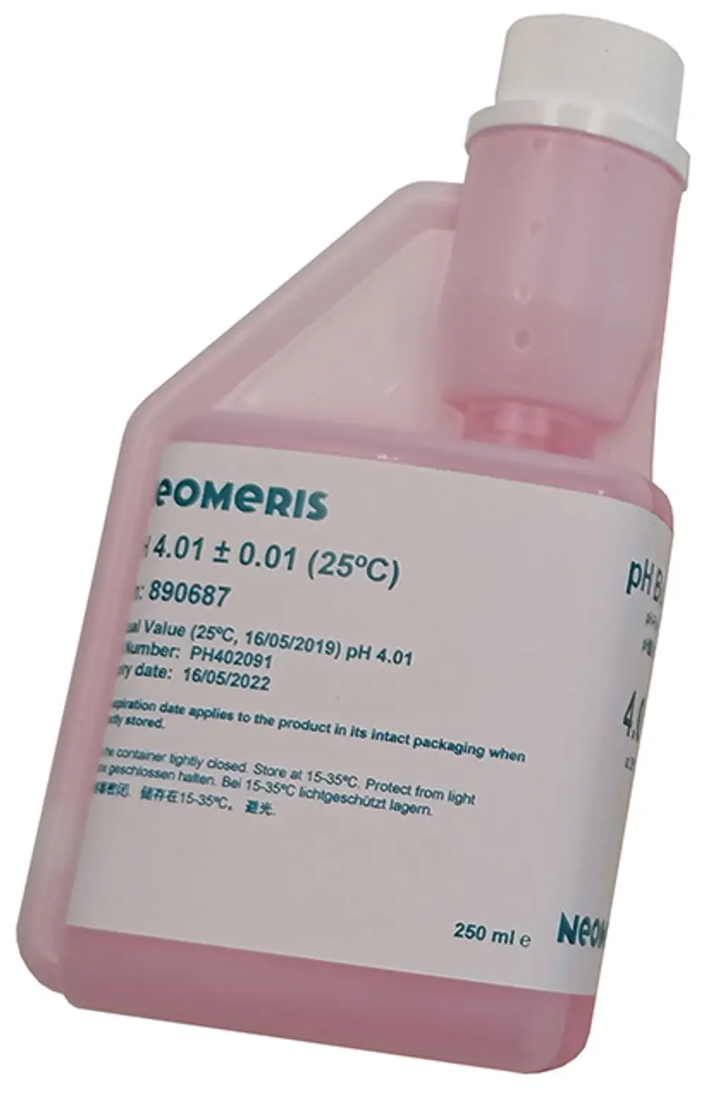 Flasche mit rosa Kalibrierlösung, Beschriftung enthält pH-Wert von 4.01 bei 25°C, Marke Syr, 250 ml Inhalt, mit Haltbarkeitsdatum und Lagerhinweisen auf Etikett.